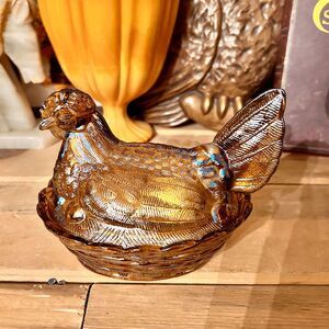Vintage Mosser / L.G. Wright Carnival Amber Glass Hen on Nest – 7”